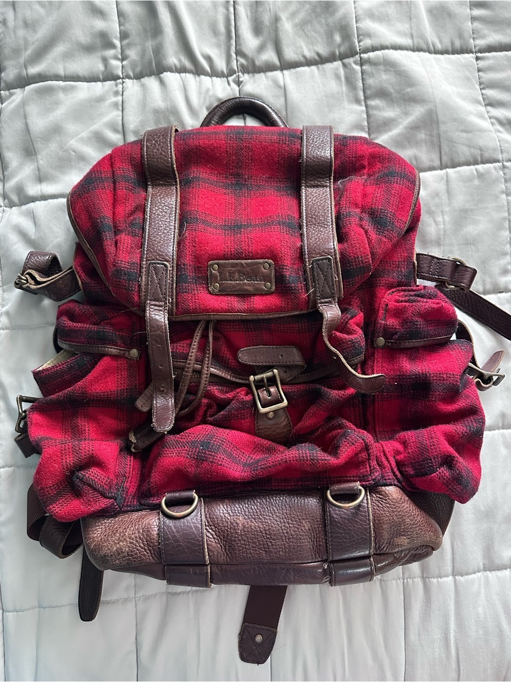 L.L. Bean Red Plaid Backpack with Brown Leather Trim